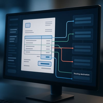 Dynamic invoice recognition interface showing intelligent data extraction and routing capabilities No visible text no words no letters