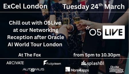 Join O5Live alongside Arcivate, FudgeLearn, SplashBI, Automus, More4Apps, Quite Laterally for a special evening at The Fox, located next door to the ExCeL London.