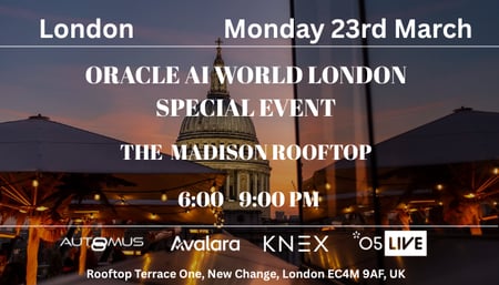 Join Automus, Avalara, O5Live, Knex and Oracle for an exclusive AI World London evening at The Madison Rooftop in Central London.