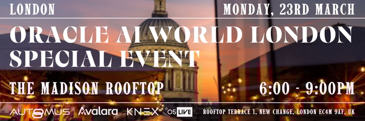 Join Automus, Avalara, O5Live, Knex and Oracle for an exclusive AI World London evening at The Madison Rooftop in Central London.