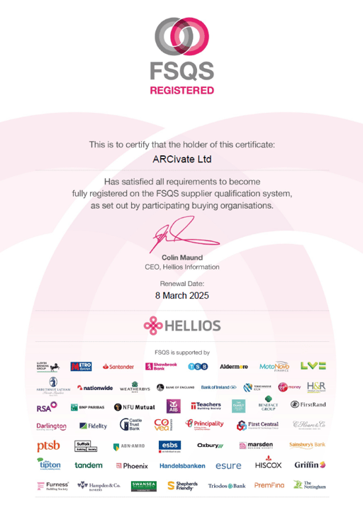 Arcivate has renewed its Hellios FSQS Stage 2 supplier qualification accreditation for the Financial Services sector.