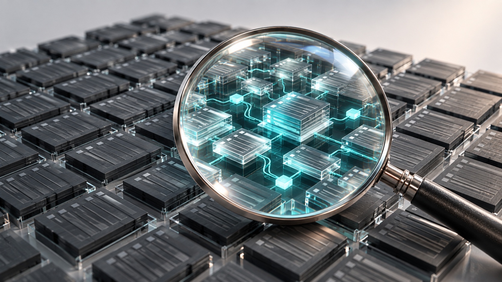 Magnifying glass examining supplier data records