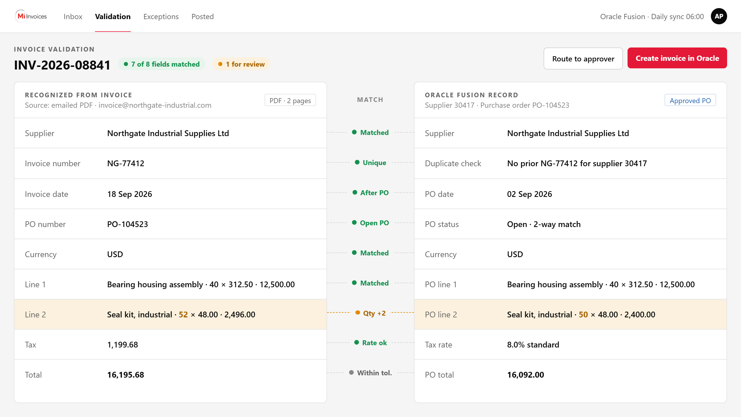 Mi Invoices match screen validating invoice fields against an Oracle supplier and purchase order